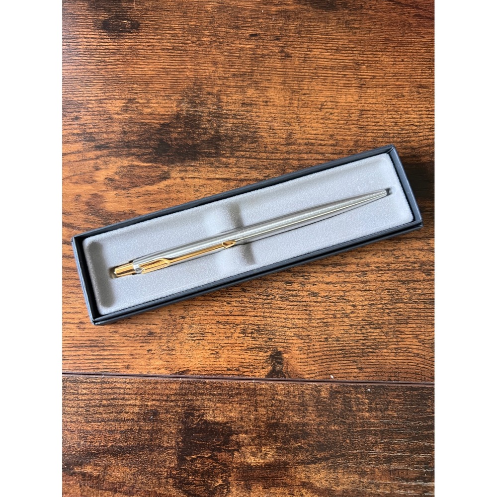 Parker Classic Silver Stainless Steel Gold Trim Ballpoint Pen with Original Box